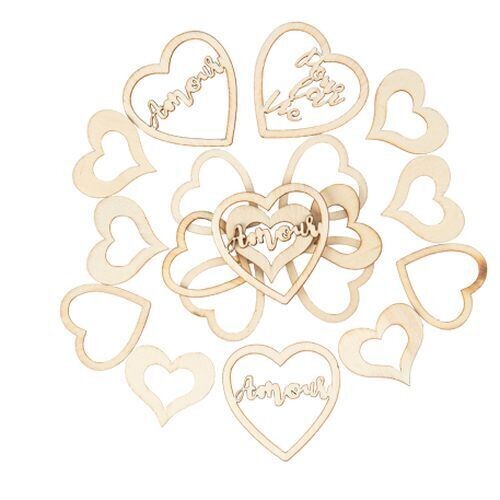 CONFETTIS BOIS "AMOUR", "POUR LA VIE" ET COEUR 2 A 4CM (x48)