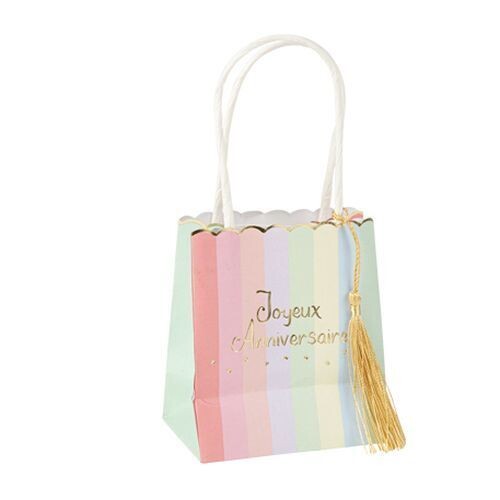 SAC A GOODIES "JOYEUX ANNIVERSAIRE" PASTEL ET OR 10x11x6.2CM + ANSES (x4)