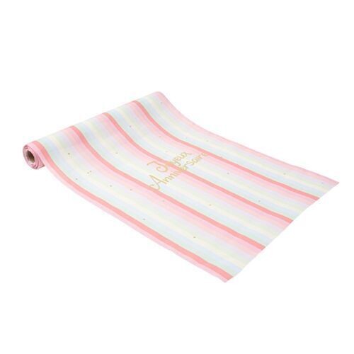 CHEMIN DE TABLE TISSU "JOYEUX ANNIVERSAIRE" RAYURES PASTEL ET OR 28CMx3M