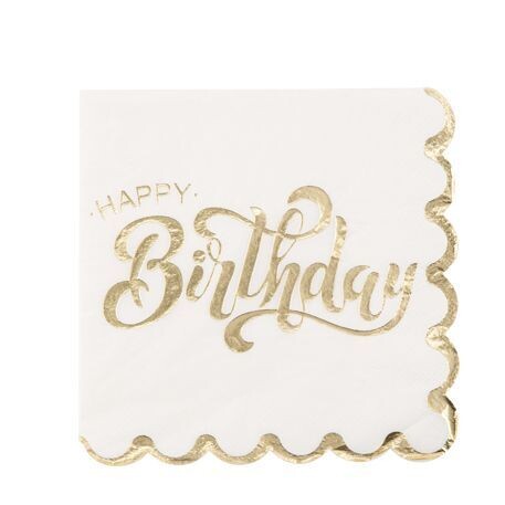 SERVIETTE BLANCHE "HAPPY BIRTHDAY" ET LISERE OR 33CM (x16)