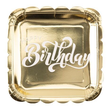 ASSIETTE CARRE OR "HAPPY BIRTHDAY" BLANC 23CM (x8)