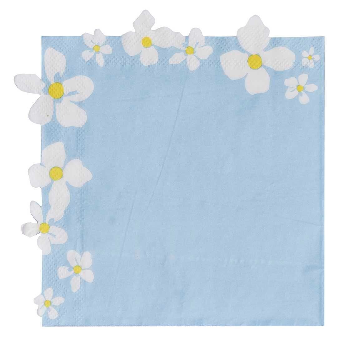 SERVIETTE BLEU PASTEL ET FLEURS BLANCHES 33CM (x16)