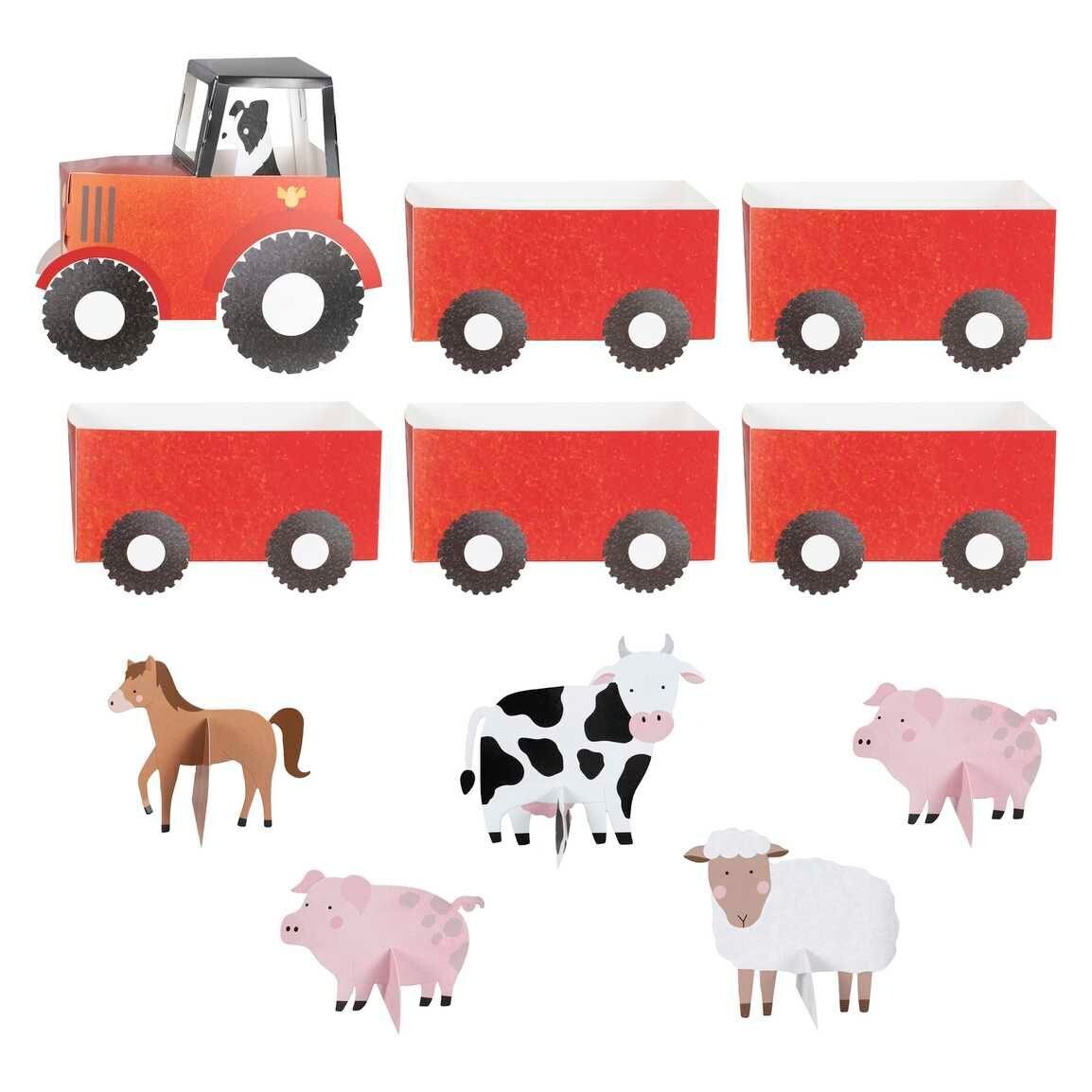 PRESENTOIR A BONBONS TRACTEUR ET CHARIOT ANIMAUX DE LA FERME 110x36CM