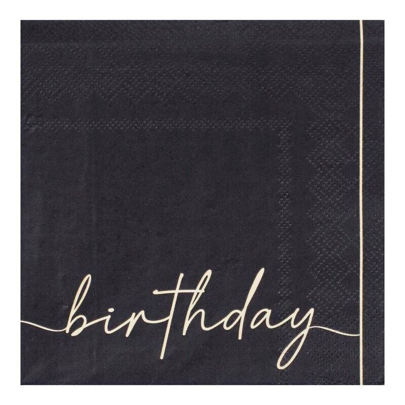 SERVIETTE COCKTAIL NOIR "BIRTHDAY" BLANC 25CM (x16)