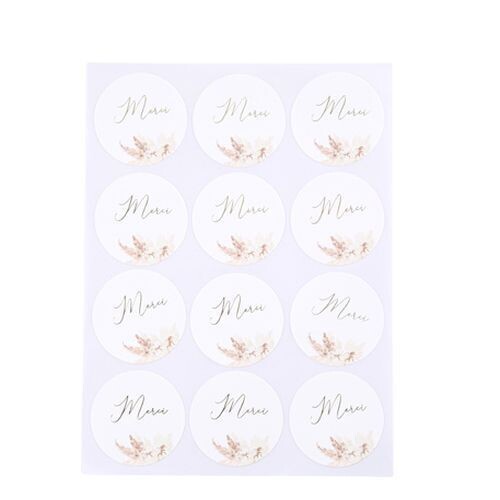 STICKERS MERCI PAMPA FLEURS DE COTON ET OR 5CM (x24)