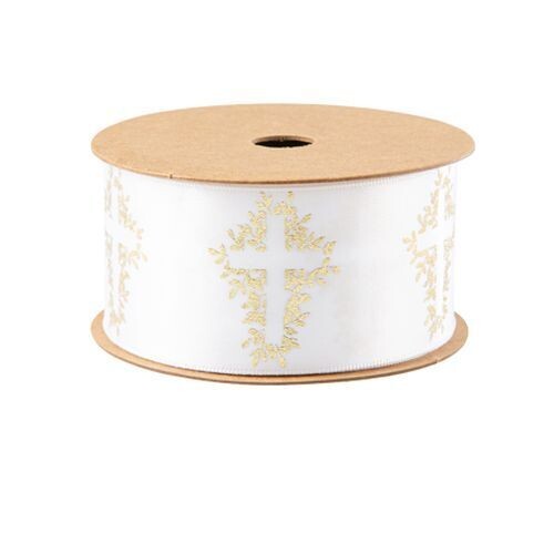 RUBAN CROIX VEGETALISE SATIN BLANC ET OR 3.8CMx10M