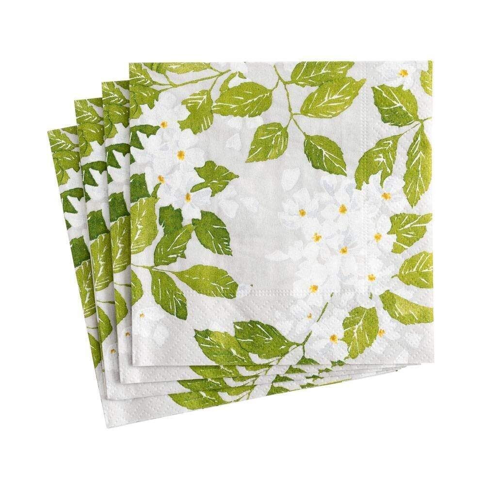 SERVIETTE COCKTAIL FLEURS BLANCHES ET FEUILLAGE 25CM (x20)
