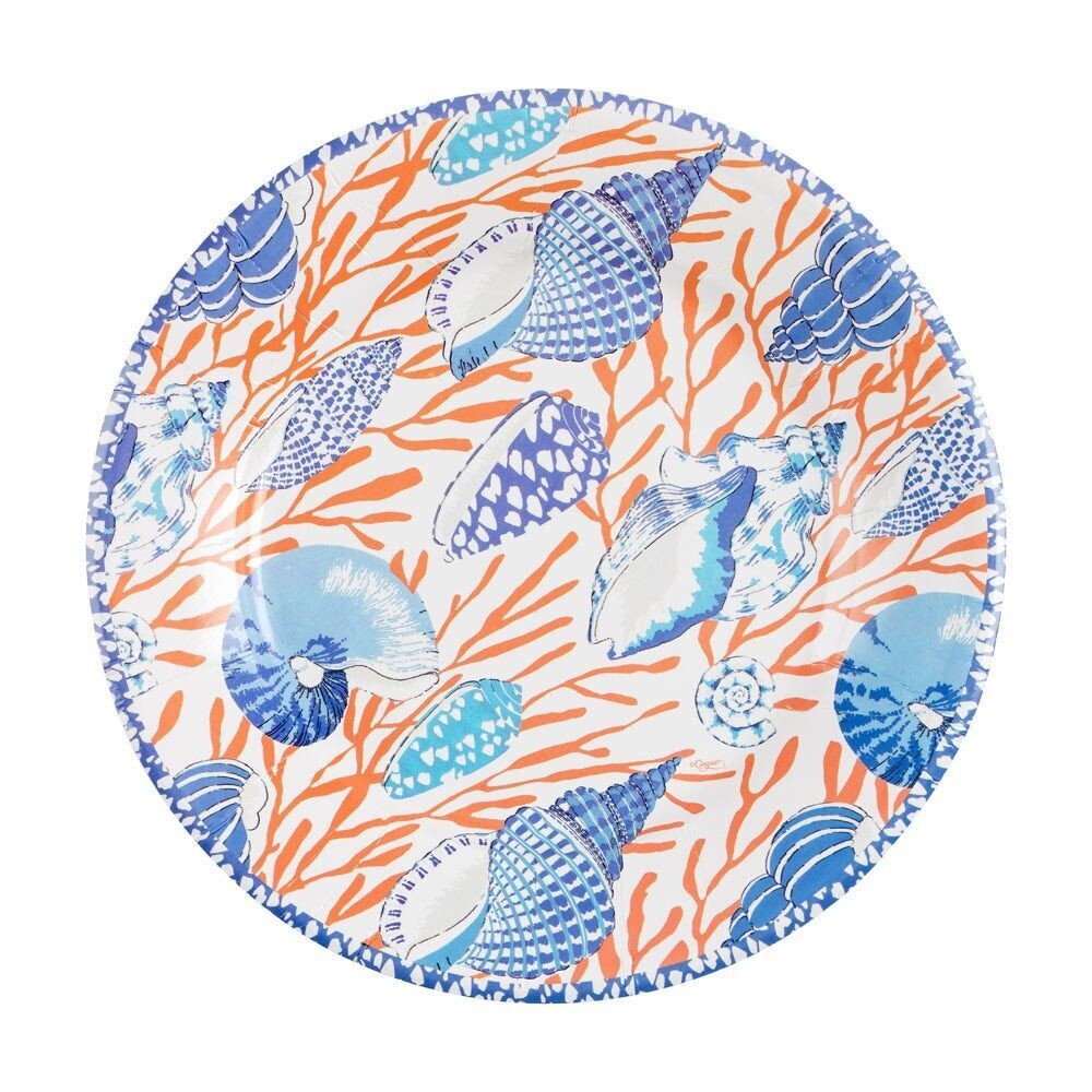 ASSIETTE RONDE COQUILLAGES BLEUS ET CORAIL 20CM (x8)