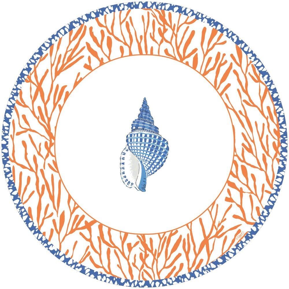 ASSIETTE RONDE COQUILLAGE BLEU ET LISERE CORAIL 26CM (x8)