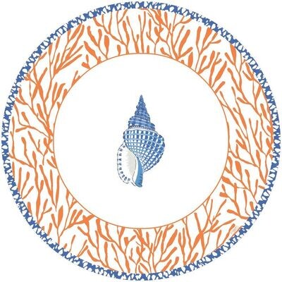ASSIETTE RONDE COQUILLAGE BLEU ET LISERE CORAIL 26CM (x8) ASSIETTE RONDE COQUILLAGE BLEU ET LISERE CORAIL 26CM (x8)