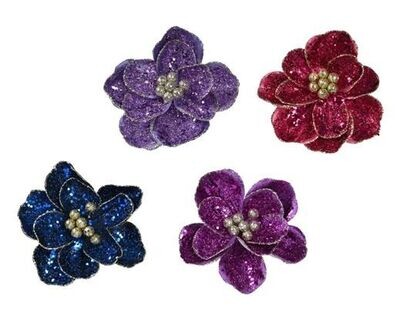 FLEUR SUR CLIP PAILLETTES ET PERLES 4 COULEURS ASSORTIES 15CM