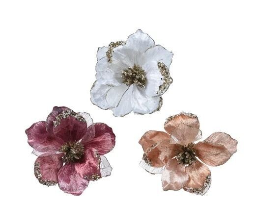 FLEUR SUR CLIP VELOURS 16CM 3 COULEURS ASSORTIS