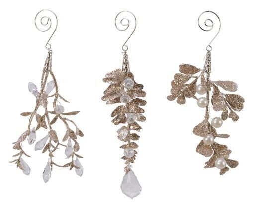 SUSPENSION VEGETALE PAILLETTES CHAMPAGNE ET PERLES BLANCHES 18CM