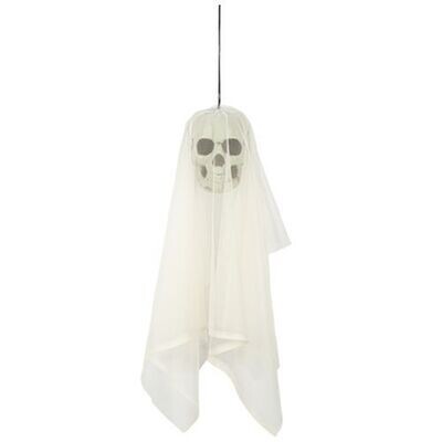 SUSPENSION TETE DE MORT 14x17CM ET VOILE BLANC 60CM