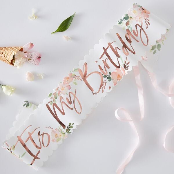 ECHARPE "IT'S MY BIRTHDAY" ROSE GOLD ET FLEURS