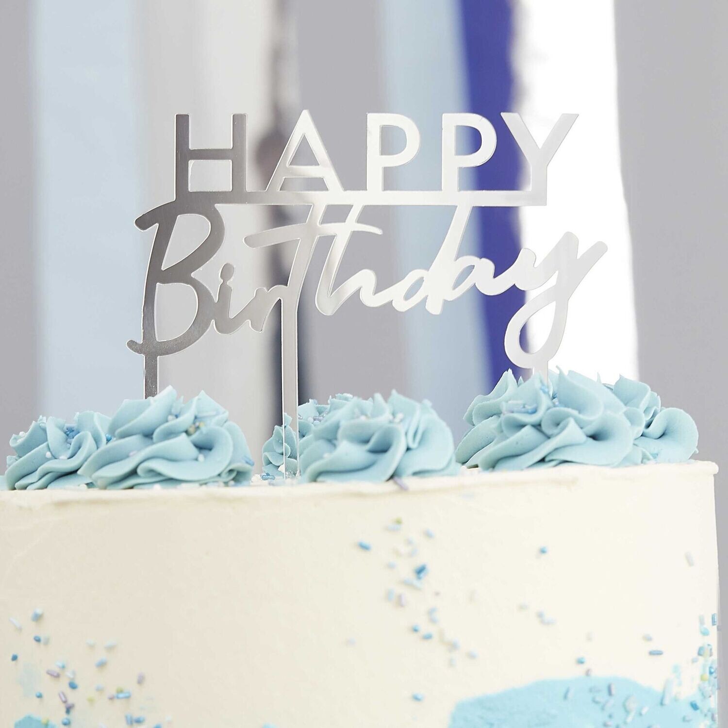 CAKE TOPPER ACRYLIQUE "HAPPY BIRTHDAY" ARGENT 11x12CM