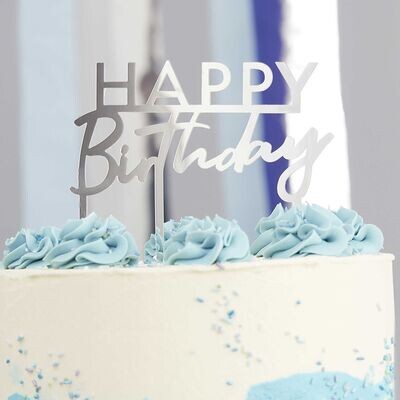 CAKE TOPPER ACRYLIQUE "HAPPY BIRTHDAY" ARGENT 11x12CM