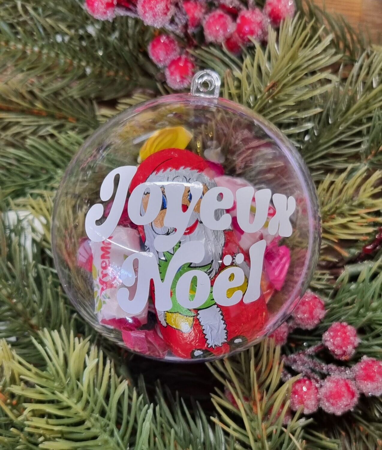BOULE GARNIE 8CM "JOYEUX NOEL"
