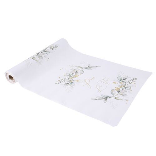 CHEMIN DE TABLE TISSU BLANC "POUR LA VIE" OR ET FEUILLAGE 28CMx5M