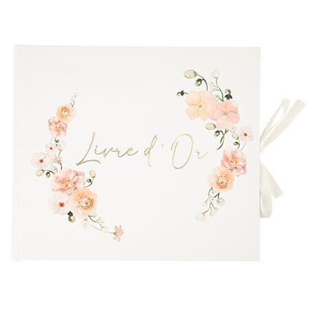 LIVRE D'OR ROSE PECHE ET OR 22x19CM + RUBAN 68 PAGES