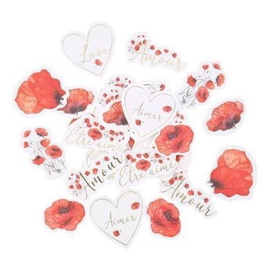 CONFETTIS POPPY LOVE COQUELICOT ROUGE AQUARELLE ET OR 3 A 4.5CM (x100)