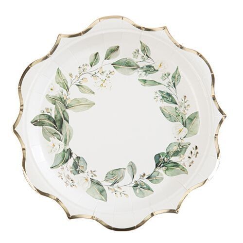 ASSIETTE BOTANIQUE BLANCHE FEUILLAGE LISERE OR 23CM (x8)