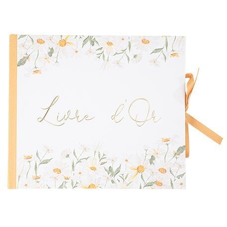 LIVRE D'OR DAISY OCRE BLANC ET OR 22x19CM + RUBAN 68 PAGES