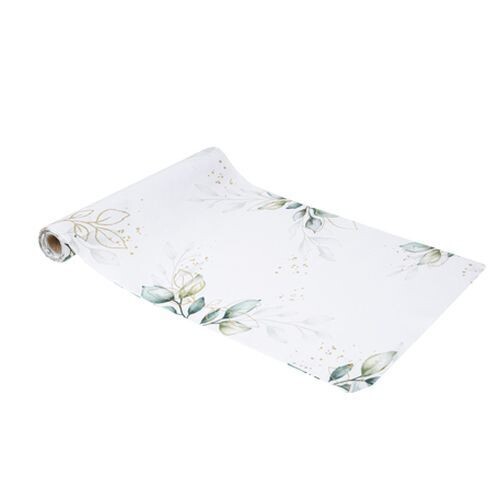 CHEMIN DE TABLE BOTANIQUE TISSU BLANC FEUILLAGE VERT ET OR 28CMx5M