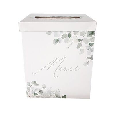 URNE BOTANIQUE "MERCI" VERT SAUGE ET BLANC 21x25CM