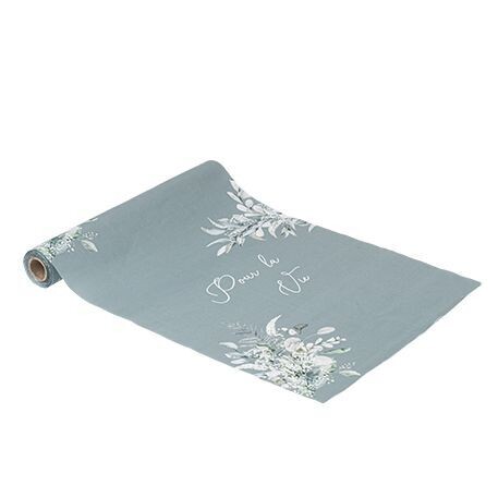 CHEMIN DE TABLE TISSU VERT DE GRIS "POUR LA VIE" BLANC 28CMx5M
