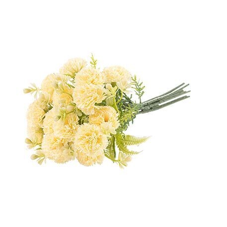 BOUQUET DE 16 OEILLETS JAUNE PALE ET FEUILLAGE 30CM