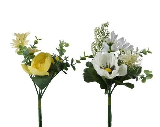 BOUQUET FLEURS ET FEUILLAGE JAUNE OU BLANC 23CM