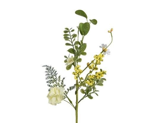 BRANCHE DE FLEURS CREME ET JAUNE ET FEUILLAGE 50CM