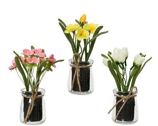 FLEURS ET FEUILLAGE EN POT VERRE 16CM