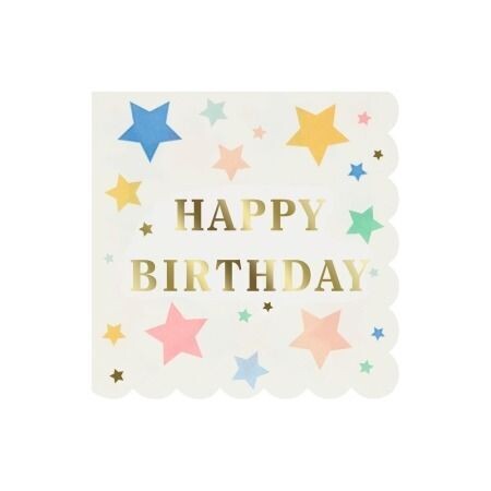 SERVIETTE BLANCHE HAPPY BIRTHDAY OR ETOILES MULTICOLORES 33CM (x16)