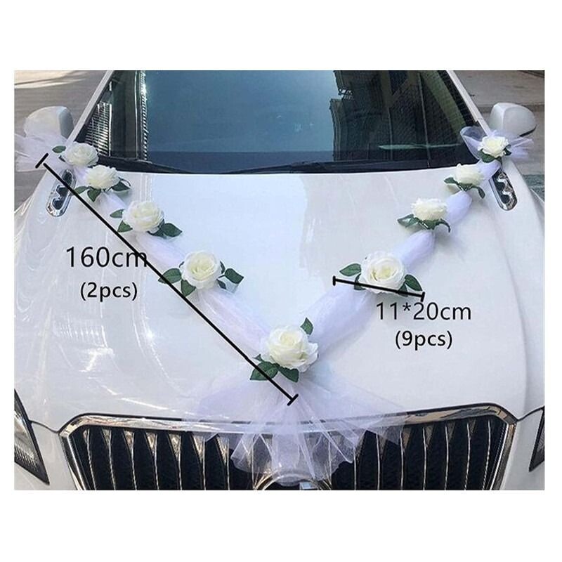 KIT DECORATION VOITURE 9 ROSES BLANCHES + TULLE