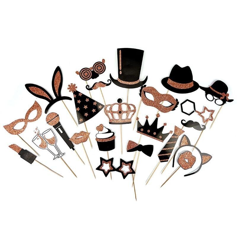 KIT PHOTOBOOTH PAILLETTES ROSE GOLD ET NOIR 23 PIECES