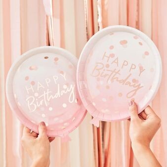 ASSIETTE FORME BALLON "HAPPY BIRTHDAY" ROSE ET ROSE GOLD 29x24CM (x8)
