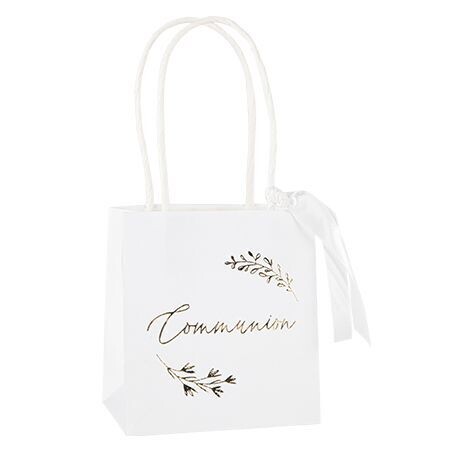 SAC A GOODIES "COMMUNION" BLANC ET OR 10x11x7CM + RUBAN SATIN (x6)