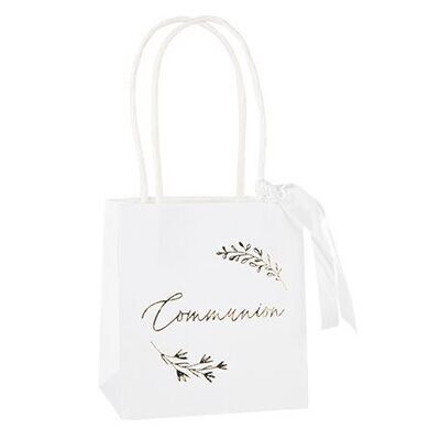SAC A GOODIES "COMMUNION" BLANC ET OR 10x11x7CM + RUBAN SATIN (x6)