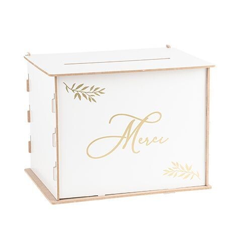 URNE "MERCI" BOIS BLANC ET OR 30x23.5CM