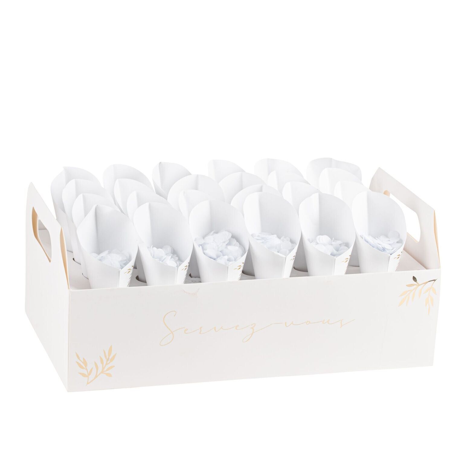 PRESENTOIR POUR 24 CORNETS A CONFETTIS BLANC ET OR 36x21x16CM