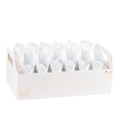 PRESENTOIR POUR 24 CORNETS A CONFETTIS BLANC ET OR 36x21x16CM