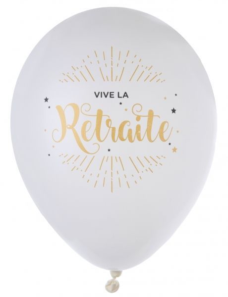 BALLON LATEX BLANC "VIVE LA RETRAITE" OR ET NOIR 23CM (x8)