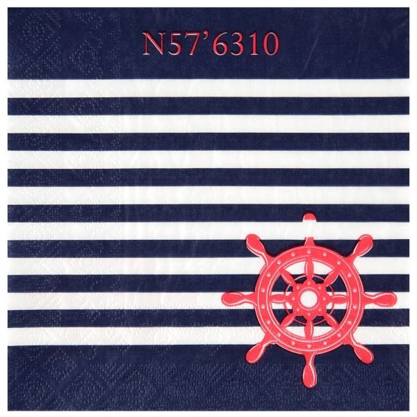 SERVIETTE MARINE RAYE BLANC BLEU ET GOUVERNAIL ROUGE 33CM (x20)