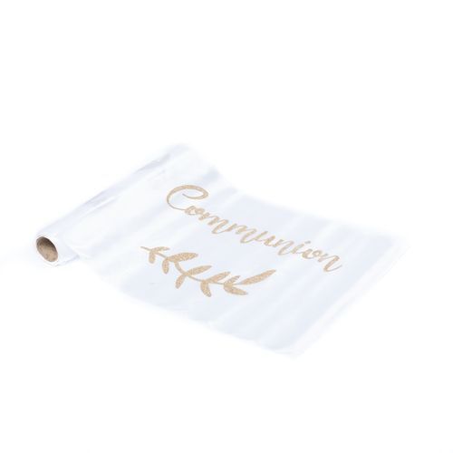 CHEMIN DE TABLE SATIN COMMUNION PAILLETTES CHAMPAGNE 28CMx5M