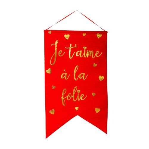 SUSPENSION LIN ROUGE JE T'AIME A LA FOLIE ET COEURS OR 51.5x87CM