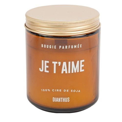BOUGIE CIRE DE SOJA "JE T'AIME" PARFUMEE VERRE AMBRE COUVERCLE OR 30H