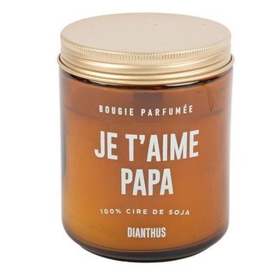 BOUGIE CIRE DE SOJA "JE T'AIME PAPA" PARFUMEE VERRE AMBRE COUVERCLE OR 30H