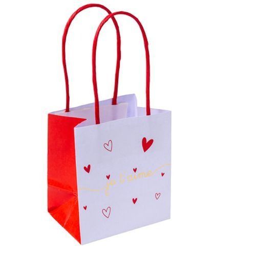 SAC A GOODIES BLANC ET ROUGE JE T'AIME ET COEURS ROUGE 10x6.8x11CM (x6)
